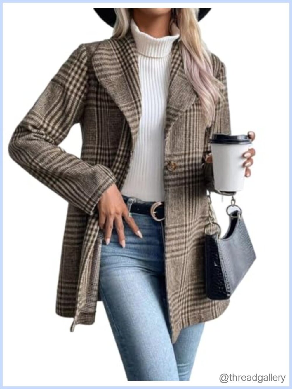 Wool Blend Plaid Blazer Long Sleeve Notch Lapel One Button Pea Coat